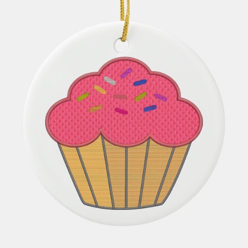 Strawberry Cupcake Faux Embroidery Print Ceramic Ornament