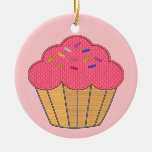 Strawberry Cupcake Faux Embroidery Print Ceramic Ornament (Front)
