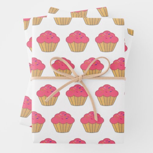 Strawberry Cupcake Faux Embroidery Print Wrapping Paper Sheets