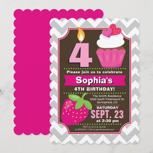 Strawberry Cupcake Girl Birthday Invitation (Front/Back)