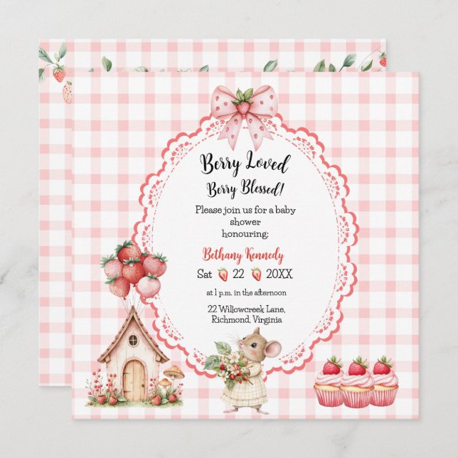 Strawberry Cupcake Mouse Baby Shower Invitation (Front/Back)