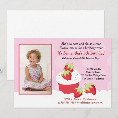 Strawberry Cupcake Photo Birthday Invitation