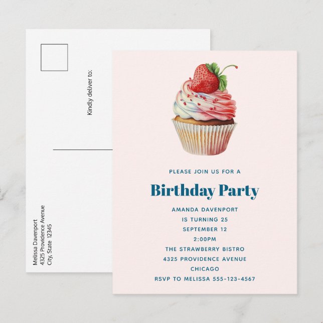 Strawberry Cupcake Sweet Dessert Birthday Invitation Postcard (Front/Back)