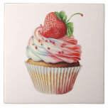 Strawberry Cupcake Sweet Dessert Ceramic Tile<br><div class="desc">Ceramic tile with a yummy illustration featuring a delicious looking cupcake. White cream and a big strawberry adorn this yummy sweet treat.</div>