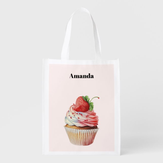 Strawberry Cupcake Sweet Dessert Grocery Bag (Front)