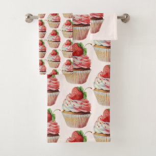 Strawberry Cupcake Sweet Dessert Pattern Bath Towel Set