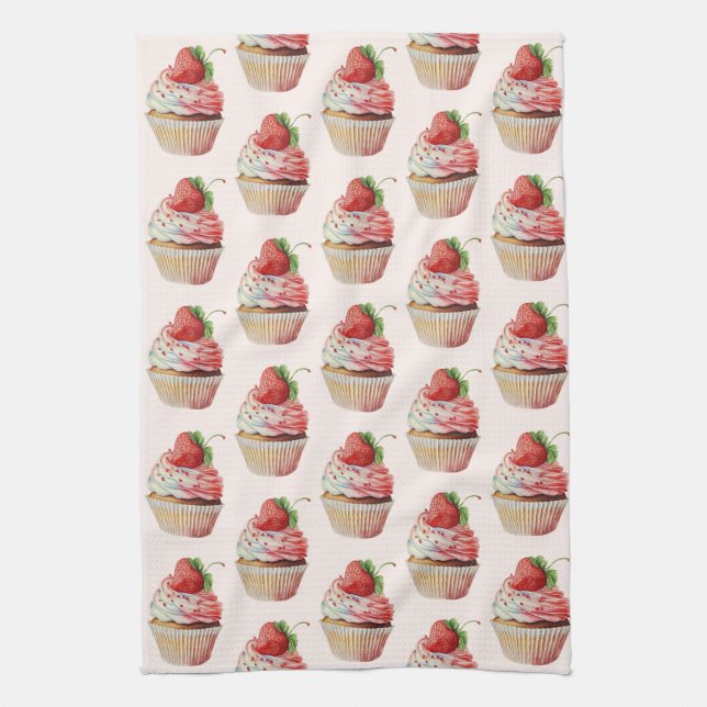 Strawberry Cupcake Sweet Dessert Pattern Kitchen Towel (Vertical)