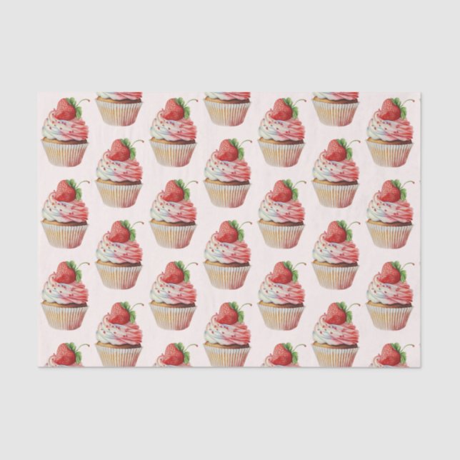 Strawberry Cupcake Sweet Dessert Pattern Tissue Paper (Front)