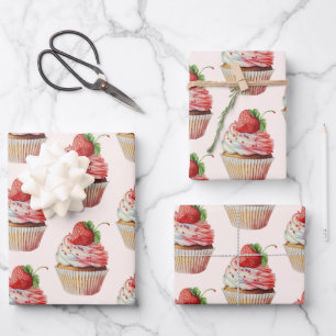 Strawberry Cupcake Sweet Dessert Pattern Wrapping Paper Sheets