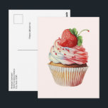 Strawberry Cupcake Sweet Dessert Postcard<br><div class="desc">A postcard with a yummy illustration featuring a delicious looking cupcake. White cream and a big strawberry adorn this yummy sweet treat.</div>