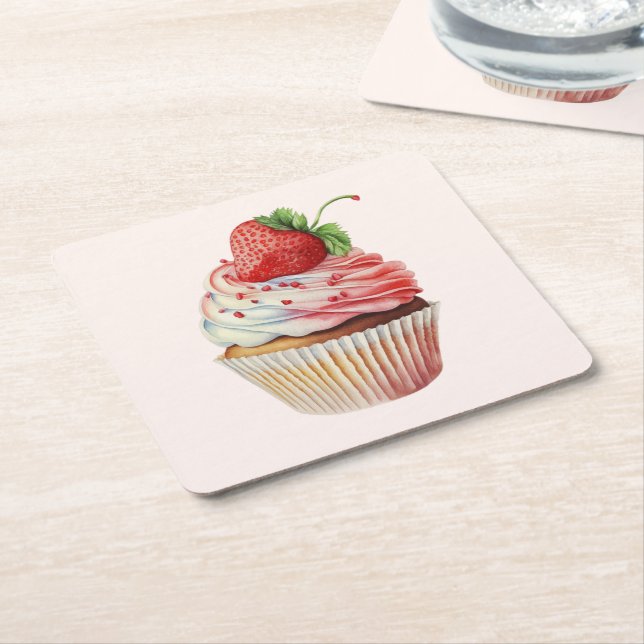 Strawberry Cupcake Sweet Dessert Square Paper Coaster (Angled)