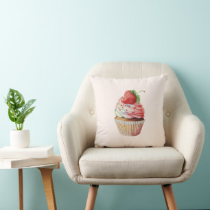 Strawberry Cupcake Sweet Dessert Throw Pillow
