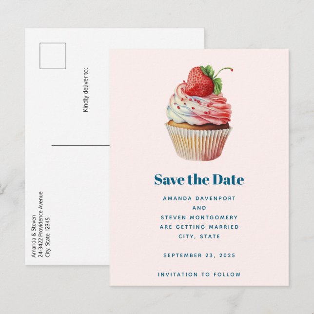 Strawberry Cupcake Sweet Dessert Wedding Announcement Postcard (Front/Back)