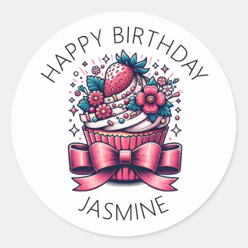 Strawberry Cupcake Whimsical Personalized Classic Round Sticker