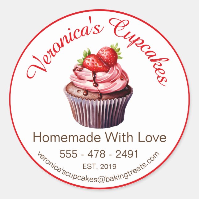 Strawberry Cupcake With Contact Details Classic Round Sticker (Front)