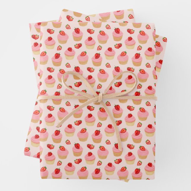 Strawberry Cupcakes Wrapping Paper Sheet Set of 3 (In situ)