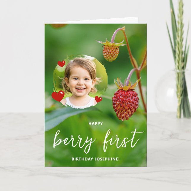 Strawberry Custom Photo Happy Berry First Birthday Card (Front)