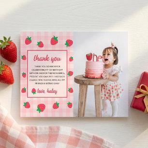 Strawberry Cute Berry First 1st Birthday Photo Thank You Card