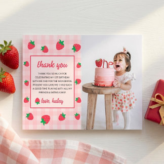 Strawberry Cute Berry First 1st Birthday Photo Thank You Card