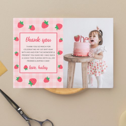 Strawberry Cute Berry First 1st Birthday Photo Thank You Card