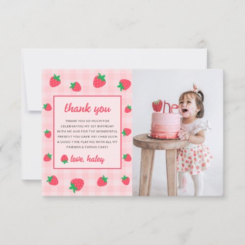 Strawberry Cute Berry First 1st Birthday Photo Thank You Card