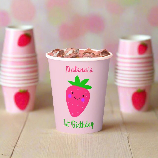 Strawberry Cute Pink 1st Birthday Party Kids Girl  Paper Cups (Creator Uploaded)