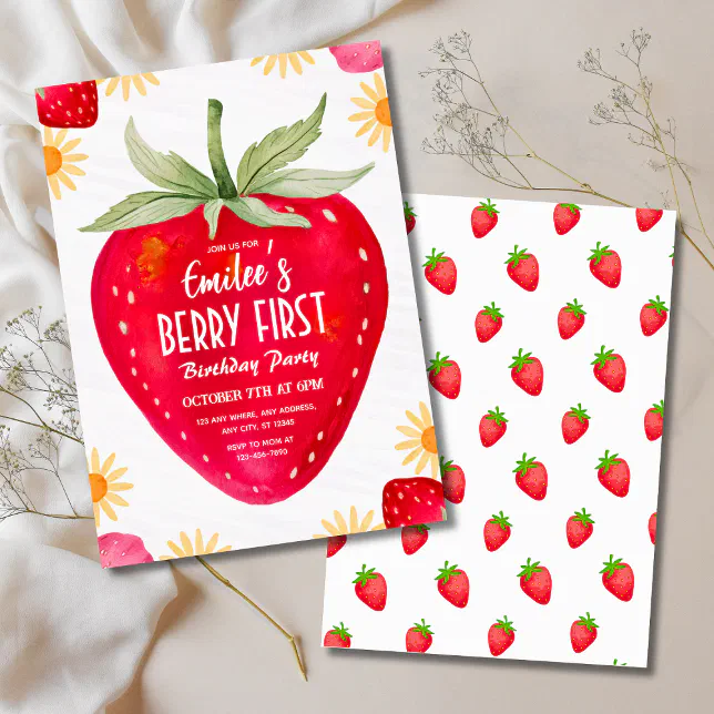 Strawberry & Daisy Berry First Birthday Invitation | Zazzle