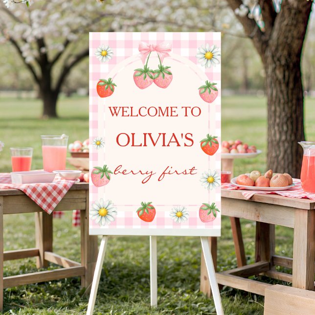 Strawberry Daisy Berry First Birthday Welcome Sign (Berry 1st Birthday Strawberry Welcome Sign)