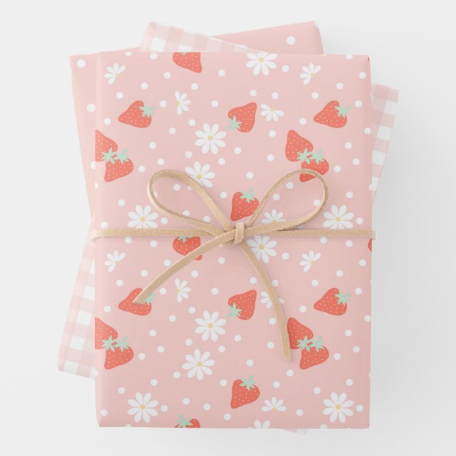 Strawberry Daisy Berry Sweet Birthday Party Wrapping Paper Sheets (In situ)