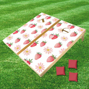 Strawberry & Daisy Pattern Pastel Pink Red Summer  Cornhole Set