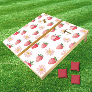 Strawberry & Daisy Pattern Pastel Pink Red Summer Cornhole Set