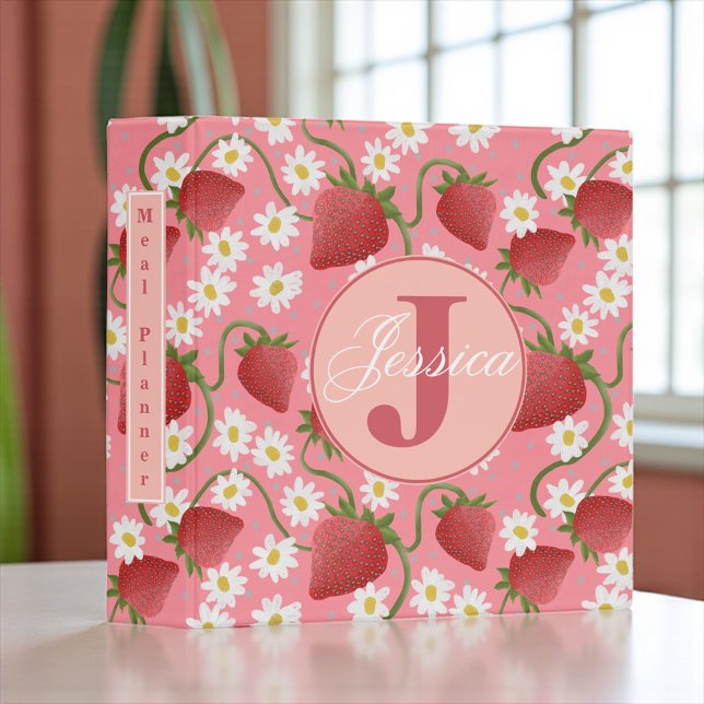 Strawberry Daisy Personalized Meal Planner  3 Ring Binder (Custom meal planner binder with strawberries, daisies, and pink background.
)