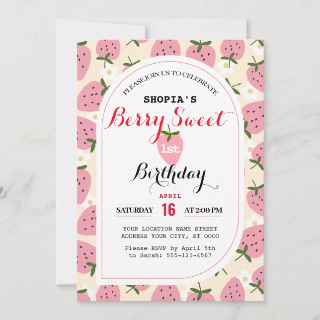 Strawberry Delight First Birthday Invitation (Front)