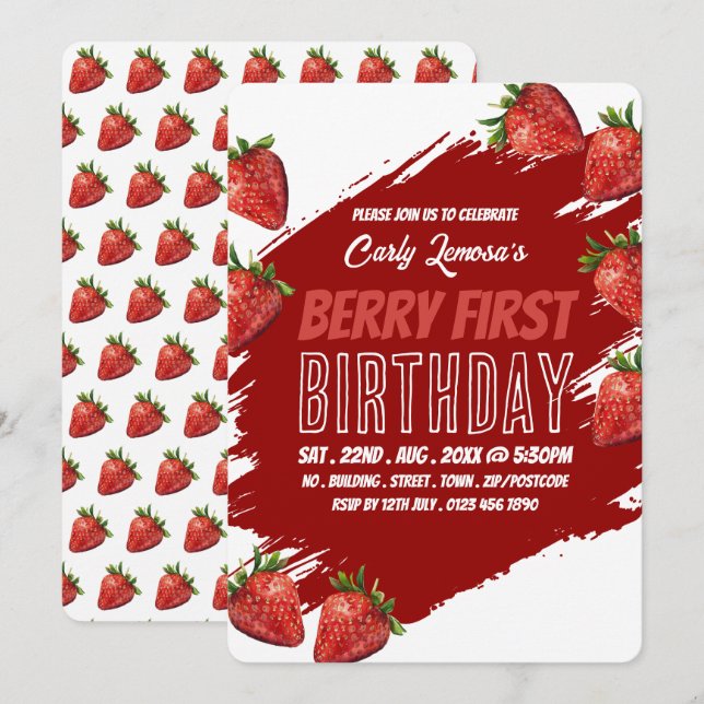 Strawberry Design, Berry First Birthday Invitation (Front/Back)