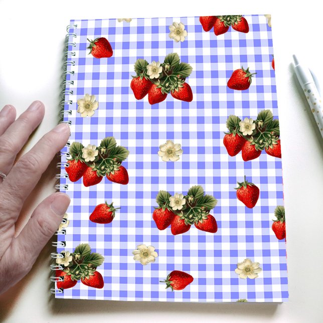Strawberry design on blue gingham simple notebook (Creator Uploaded)