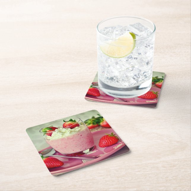 Strawberry Dessert Striking Scene Square Paper Coaster (Insitu)
