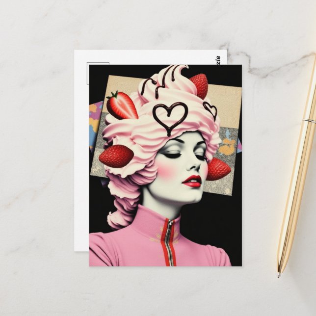 Strawberry Dessert Woman Collage Postcard (Front/Back In Situ)