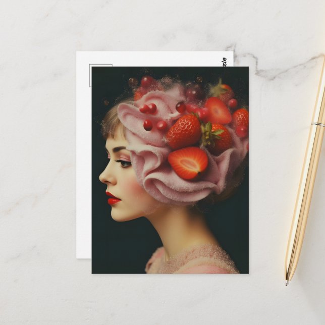Strawberry Dessert Woman Postcard (Front/Back In Situ)