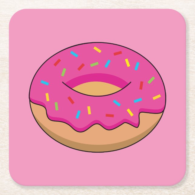 Strawberry Donut with Sprinkles Cartoon Square Paper Coaster (Front)