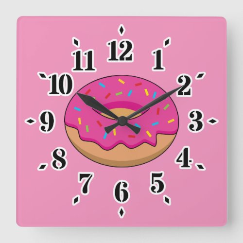 Strawberry Donut with Sprinkles Cartoon Square Wall Clock