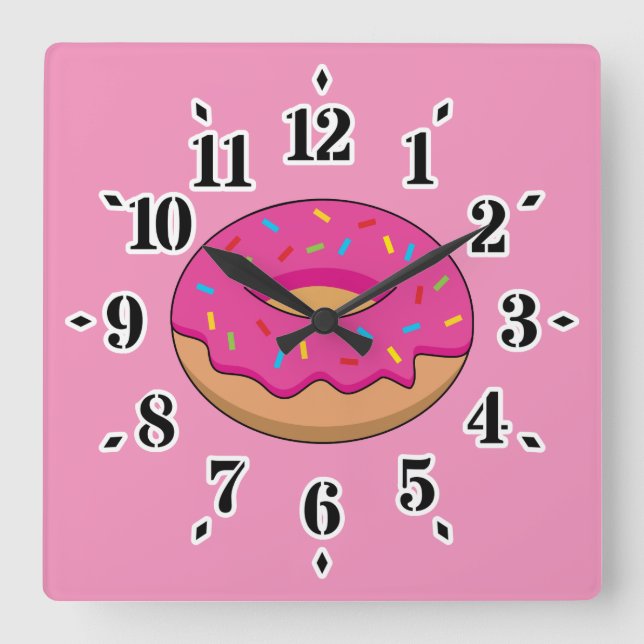 Strawberry Donut with Sprinkles Cartoon Square Wall Clock (Front)