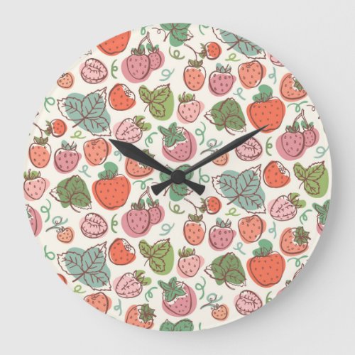 Strawberry Doodle Hand_Drawn Seamless Pattern Large Clock