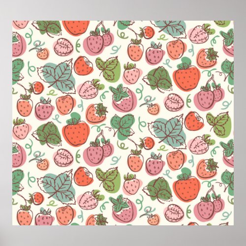 Strawberry Doodle Hand_Drawn Seamless Pattern Poster