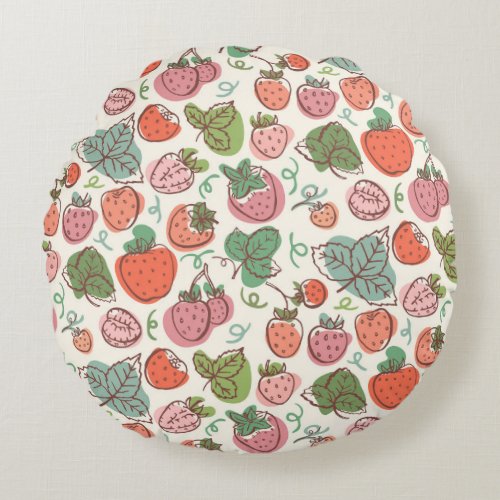 Strawberry Doodle Hand_Drawn Seamless Pattern Round Pillow