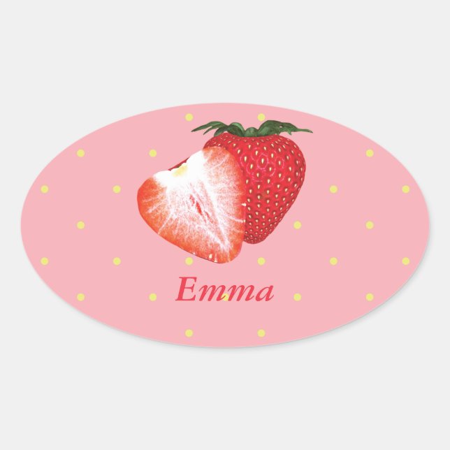 Strawberry Dots with Customizable Text Oval Sticker (Front)