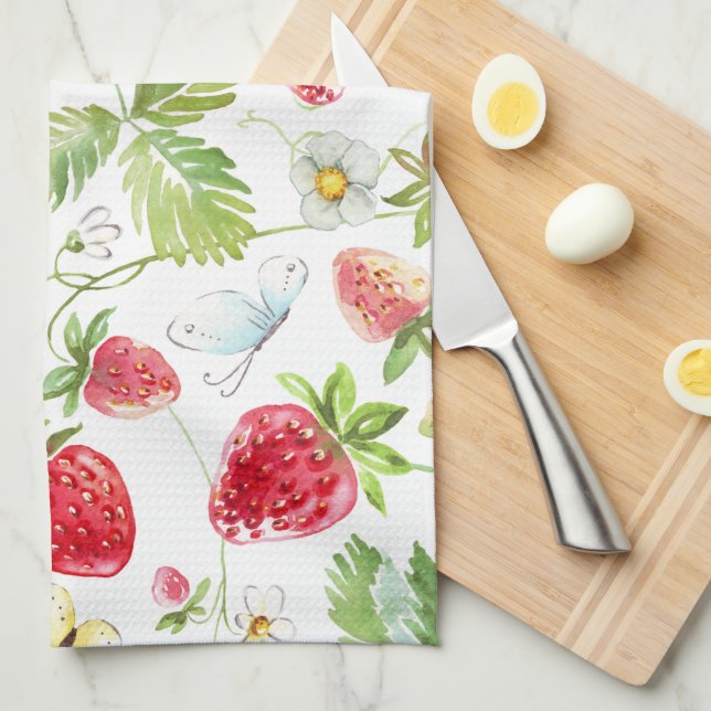 Strawberry Dragonfly Butterfly White Flower Floral Kitchen Towel (Quarter Fold)