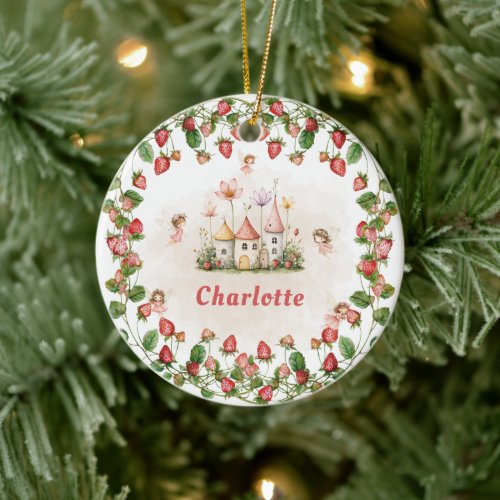 Strawberry enchanted fairy garden birthday  ceramic ornament