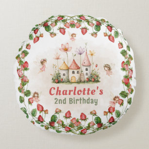 Strawberry enchanted fairy garden birthday round pillow