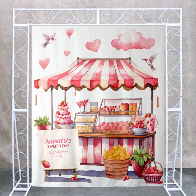 Strawberry Fair Stand Party Backdrop Photobooth (Country Strawberry market fair stand bachelorette bridal shower name wall backdrop photobooth pink)