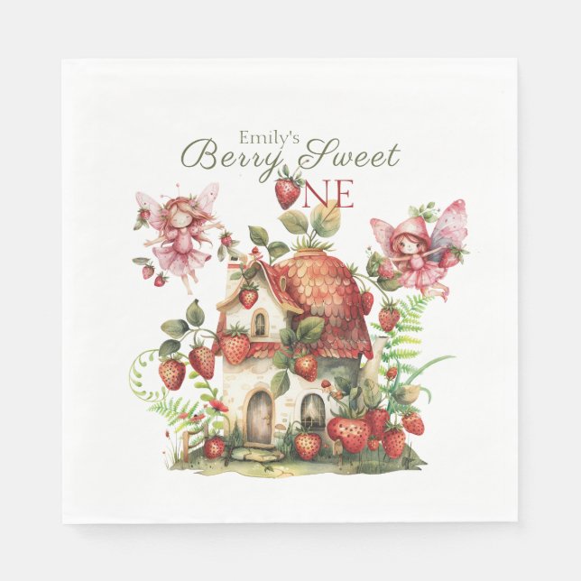 Strawberry Fairy Berry Sweet Girls First Birthday Napkins (Front)